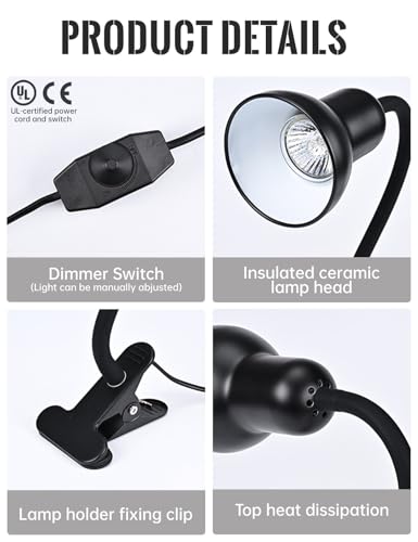 Clip On Gooseneck Lamp - 60W Max, Ceramic Fire-Resistant E26 Socket, Classic Durable Switch, Adjustable Flexible Clamp Light for Desk, Workbench, Bed Headboard, Table, Heat (Dimmable Clip Desk Light) - color: Dimmable Clip Desk Light