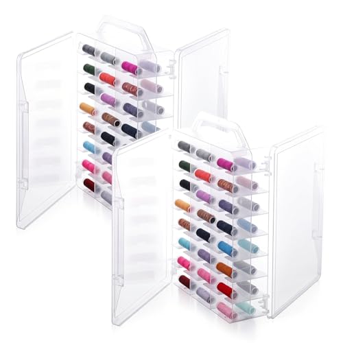 2 Pcs 46 Grids Sewing Organizer Double Sided Thread Box Storage Portable Clear Plastic Thread Holder for Embroidery Sewing Crafts Beads Embroidery Floss