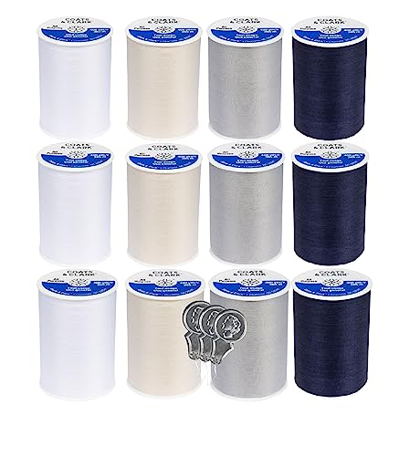 Coats & Clark Dual Duty All Purpose Sewing Thread 230A 400 Yards Each Spool 12 Pack Bundle with Bella's Crafts Needle Threaders (White Natural Nugrey Black) - color: White Natural Nugrey Black
