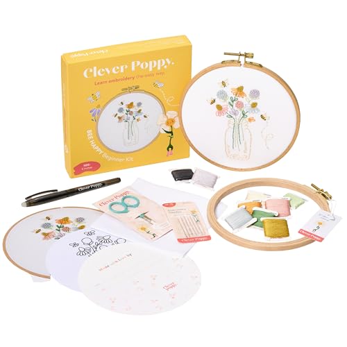 Clever Poppy Bee Happy Beginner Embroidery Kit – Easy Embroidery Kit for Beginners with Hoop, Thread & Patterns – Hand Embroidery Kit for Adults and Teens – Complete Embroidery Starter Kit