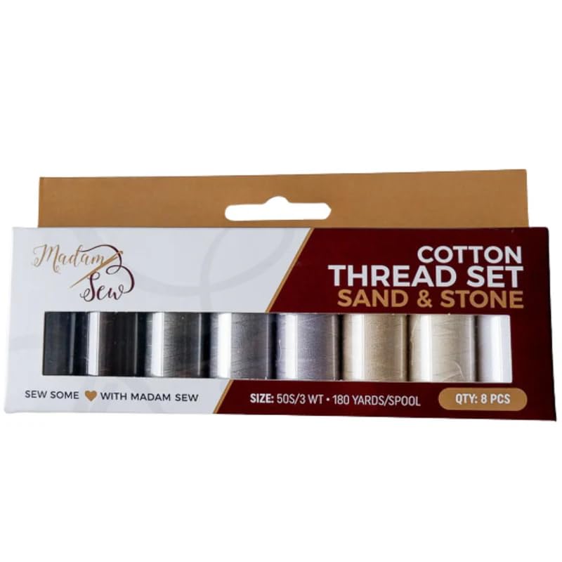 Madam Sew Cotton Thread Set – 8 Small Spools – 100% Cotton Thread for Sewing Machine & Hand Stitching | Strong, Low-Lint All Purpose Threads for Fabric, Quilting, and Stitching – Sand & Stone - color: Sand & Stone