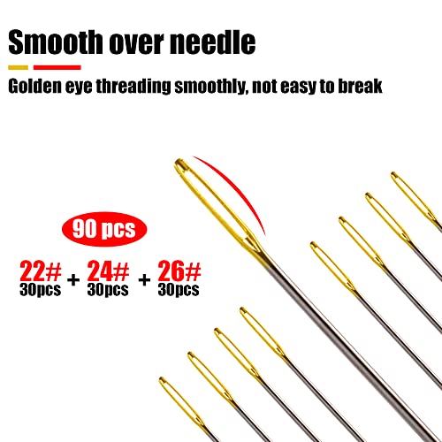 90pcs Cross Stitch Needles +2 Needle Threader Golden Color Large Eyes Cross Stitch DIY Embroidery Hand Needles Sewing Needles in Transparent Box Size 22# 24# 26# - style: 22#+24#+26#