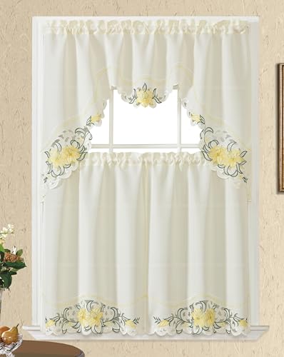 GOHD - Lily Fragrance. 3pcs Multi-Color Embroidery Curtain/Cafe Curtain/Swag & Tiers Set with cutworks. (Yellow) - color: Yellow
