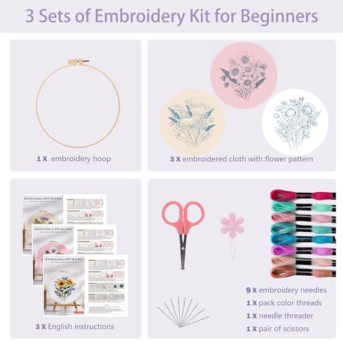 Offizon 3 Sets Embroidery Kit for Beginners Adult DIY Cross Stitches - color: Flower-B (3 Pack)