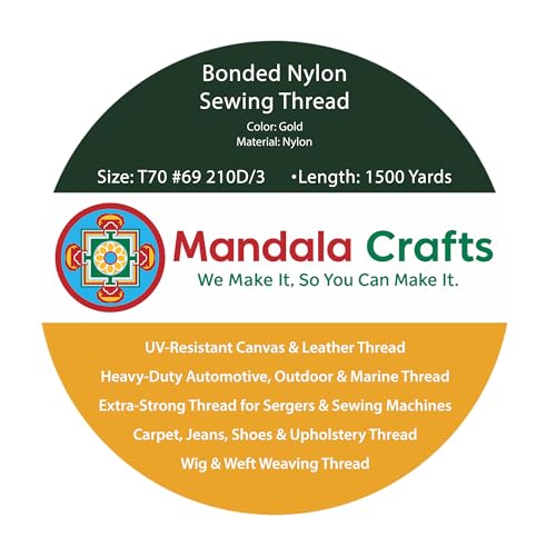 Mandala Crafts Size 69 210D T70 Gold Bonded Nylon Thread, 1500 YDs - color: Gold, size: T70 #69 210D/3 1500 Yards