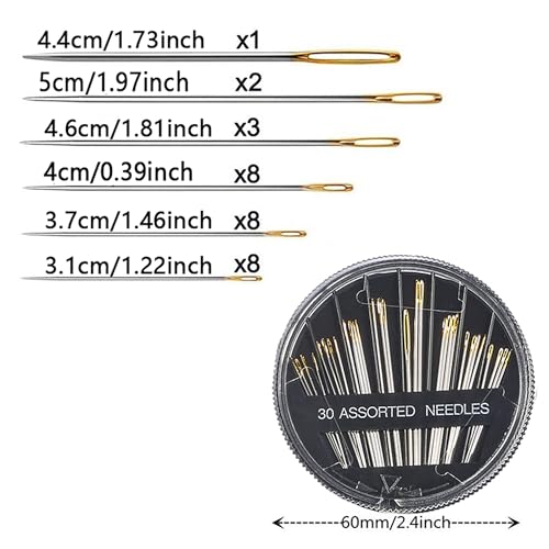 30Pcs Hand Sewing Needles 6 Sizes Large Eye Embroidery Steel Needles Kit with 2 Threaders for DIY Craft Projects,Quilting,Darning Handsewing,Sewing Repair