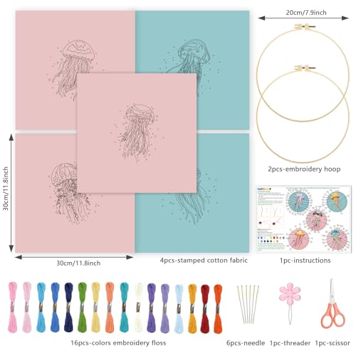INFUNLY 5 Sets Jellyfish Embroidery Kits for Beginners DIY Cross Stitch Starter Sets with Instructions Colorful Jellyfish Flower Needlepoint Kits with Embroidery Cloth Colored Threads Hoops Tools - style: Jellyfish