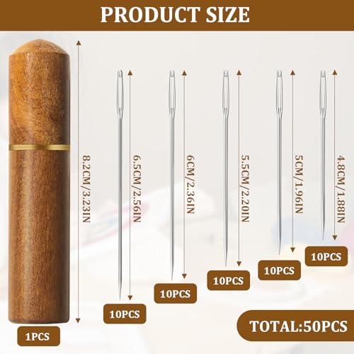 50 PCS Large Eye Embroidery Needles, 5 Sizes, Stainless Steel Yarn Knitting Needles for Hand Sewing (Pointed)