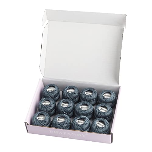 Rhapsody Pearl Cotton Thread Size 8 Crochet Thread Perle 12 Balls Set Hand Knitting, Embroidery, Sashiko, Cross-Stitch, Sewing, Needlepoint, DIY, Quilting (DK Antique Blue, Col. 454) - color: DK Antique Blue, Col. 454