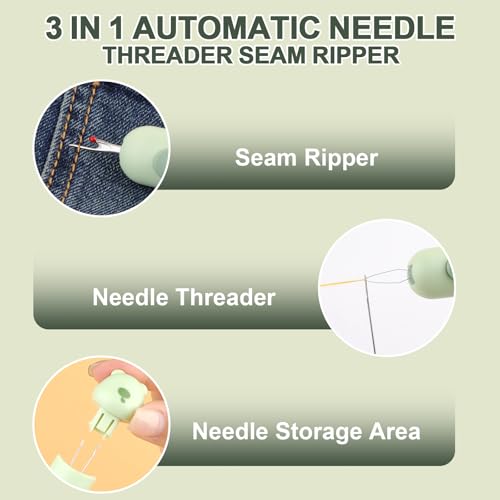 Automatic Needle Threaders Seam Ripper, Upgraded 3 in 1 Sewing Needle Threader Tool, 2Pcs Stretchable Quick Seam Rippers with Needle Storage for Hand Quilling, Embroidery Stitch Removal(Green) - color: Green