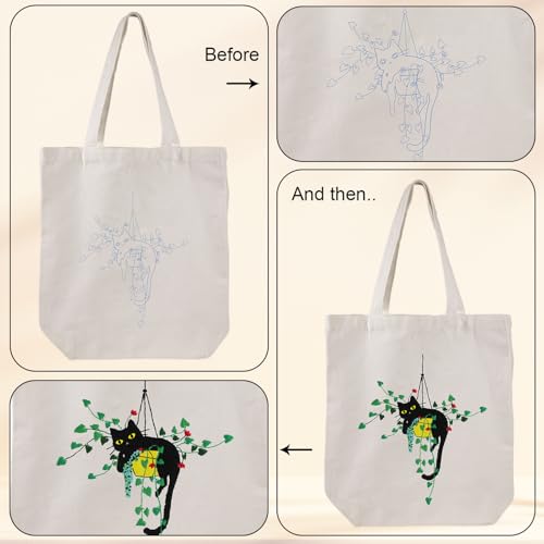 Louise Maelys Plant Cat Embroidery Kit Canvas Tote Bag for Beginners - color: plant cat