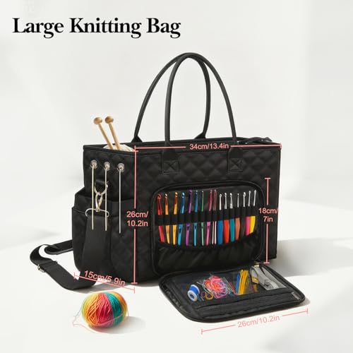 Crochet Bag Yarn Storage, Large Knitting Tote with Padded Crochet Hook Organizer, Tote with Multiple Compartments for Crochet Lovers, Knitting Accessories - color: Black01
