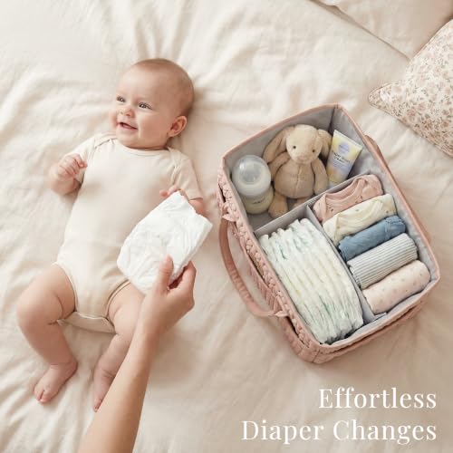 Konssy Baby Diaper Caddy Organizer, Braided Quilted Design with PU Handles - color: Blush