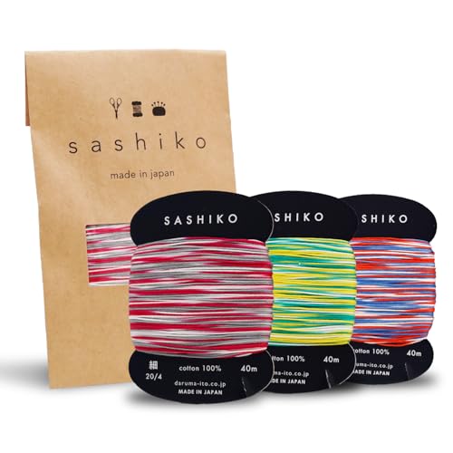 DARUMA Sashiko Thread Card Rolls Set of 3 (43.7 Yards x3) - Sewing & Embroidery, Includes Instruction Manual and Gift Packaging (Thin, Three-Tone Kasuri Yarn) - color: Three-Tone Kasuri Yarn, style: Thin