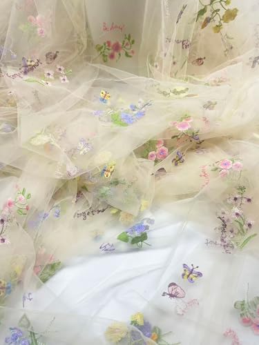 Elegant White Lace Fabric Tulle Fabric by Yard Colorful Floral Embroidery, 35x51in - Soft Tulle for DIY Dresses & Wedding Gowns, Hand Wash Only (Apricot, 3 Yard（105 x51in）) - color: Apricot, size: 3 yard（105 x51in）