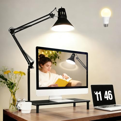 Black Desk Lamp with Clamp, Extra-Tall Adjustable Metal Swing Arm, 2 Pack - color: Black, size: 2pack3000K Warm Light-Extra Long Swing Arm