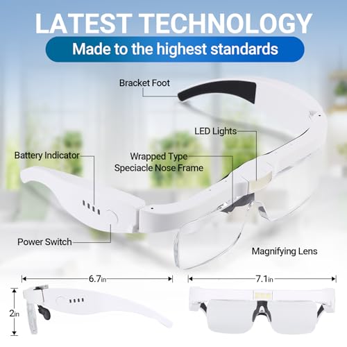 YOCTOSUN Magnifying Glass with Light, 0.75X-4.0X Magnifying Glasses, Head Magnifier Glasses with 3 LED Lights and 5 Lenses, Rechargeable Hands Free Headset Magnifier for Close Work Crafts Jewelry - color: White