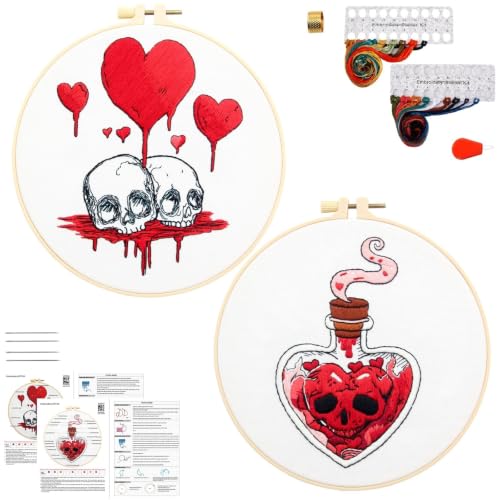 Halloween Goth Embroidery Kits for Beginners Adults, Dark Skull Embroidery Sets Needlepoint Kits, Halloween Stamped Cross Stitch Kits for Beginners Adults, 2 Embroidery Hoops (Attached Video Tutorial) - color: Halloween-2, size: 8inch