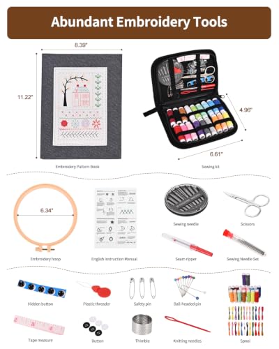 yewgag 2026 New Embroidery Stitch Book Kit,Loose-Leaf Design,Large Size,with 6'' Embroidery Hoop,24 Colors Embroidery Thread,138 Patterns,Stitch Diagram,Complete Sewing Tool,Sewing Kits for Beginners