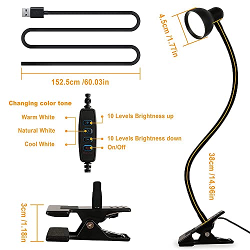 LiFMIRA Clip-on Reading Light - 3 Color Modes, 10 Dimmable Brightness,Black - color: Black