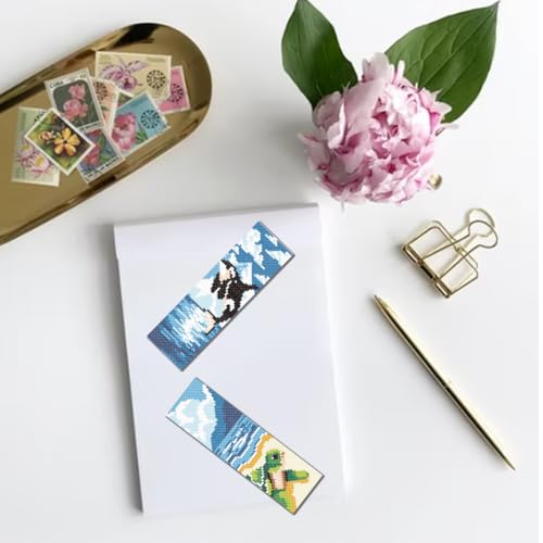 FREEBLOSS 6 Set Cross Stitch Bookmark Kits for Beginner Ocean Theme Stamped Cross Stitch Kit DIY Embroidery Bookmark Kit with Instructions 8'' x 2.4'' - style: Beach Animals