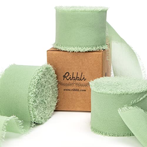 Ribbli Sage Green Chiffon Ribbon 1-1/2 inch x 30 Yard Handmade Fringe Chiffon Sage Silk, Sage for Wedding Invitations, Bridal Bouquets Wrapping, Flower Arrangement Decoration - color: Sage Green