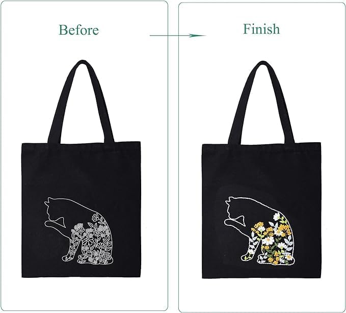 Smart-Feather Cat Embroidery Kit for Beginners Adults, Hand Embroidery Tote Bag Kit with Hoop and Patterns