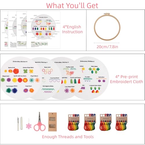 Mozzyyee 4 Sets Embroidery Starter Kit for Beginners Adults Include 4 Embroidery Clothes with Instructions Hoops Floss Thread Fabric Needles (Floral) - color: Floral