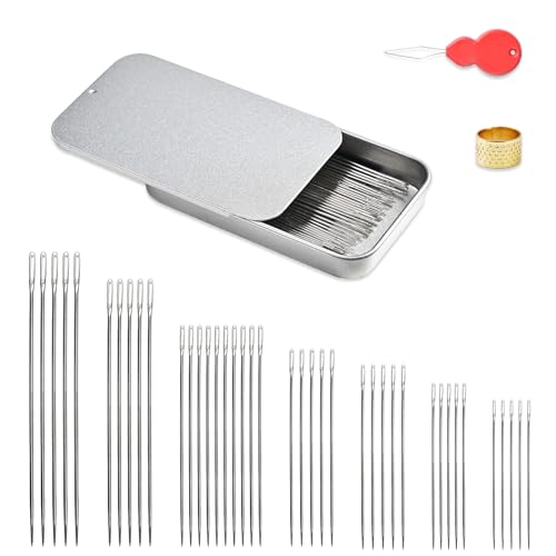 L'EclatDina 40PCS Sewing Needles Set, Large Eye for Hand Sewing, 7 Sizes Stainless Steel, with Threader & Magnetic Pin Cushion, for Embroidery & Crafts