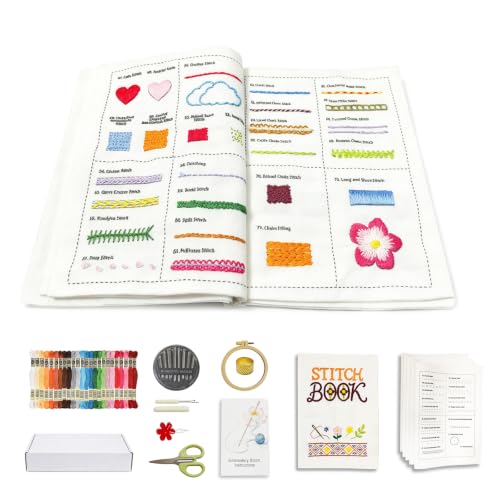 Embroidery Kit for Beginners, 87 Stitches Easy to Advanced, Step by Step Video Guides, DIY Embroidery Stitch Book, All in One Tool Set, Suitable for novices and Craft Enthusiasts