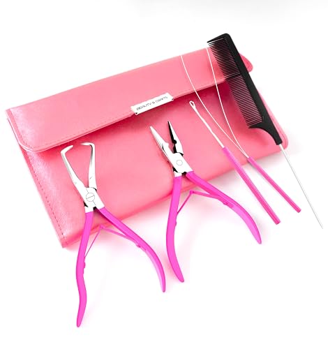 Beauty & Crafts Hair Extension Tools- Stainless Steel Pliers Set for Micro Beads- 1 Crochet Needle 1 Pulling Hook with Tail Comb- Micro Links Tool Kit with Leather Pouch- (Pink) - color: Pink