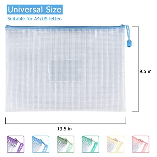 Tamaki 6 Pack Mesh Zipper Pouch Bags with Label Pocket, 13.5" x 9.5" - color: 6 Pack With Label Pocket