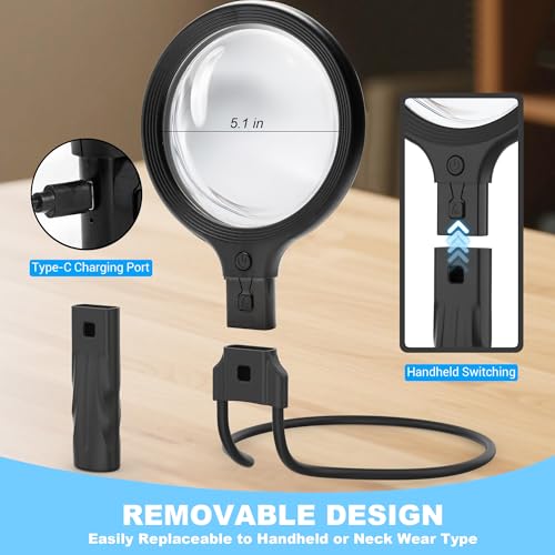 3 in 1 Hands Free Magnifying Glass with Light, Neck Wear Lighted Magnifier