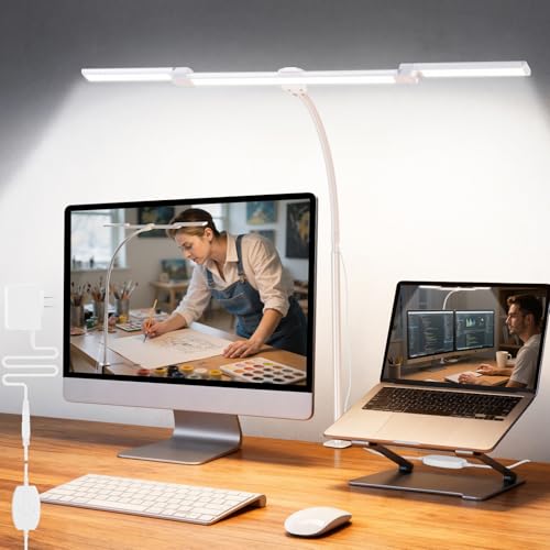 LED Desk Lamp for Office Home, 3 Light Bar Adjustable Desk Light with Clamp - color: White