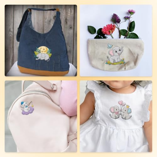 33Pcs Cartoon Elephant Water Soluble Hand Sewing Stabilizers, 8.3"x11.7" Happy Elephant Embroidery Pattern Stabilizer, 4 Sheets Animal Stick and Stitch Embroidery Paper Sticker