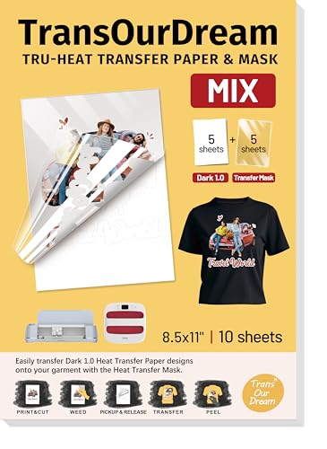 TransOurDream Heat Transfer Paper for Dark Fabric (5+5 Sheets，8.5"x11") Printable HTV Vinyl for Inkjet Printer, Iron on Transfers for Tshirts - color: Mix-d1&mask, size: 10 Sheets