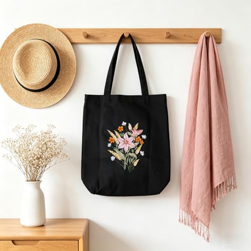 MAKHOT Canvas Tote Bag Embroidery Kit for Beginners,Cross Stitch Kits for Adults,Embroidery Bag Women(Black) - color: Black