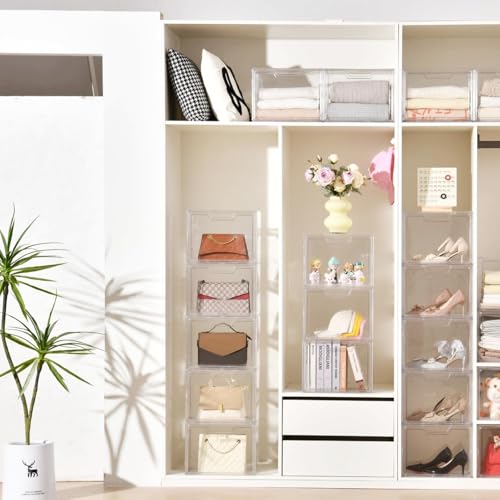 Freebat Stackable Storage Organizers, Clear Acrylic Display Case, 9-Pack Acrylic Boxes with Lids, Clear Storage Containers Storage for Handbags, Collectibles & Figures - size: 9pack