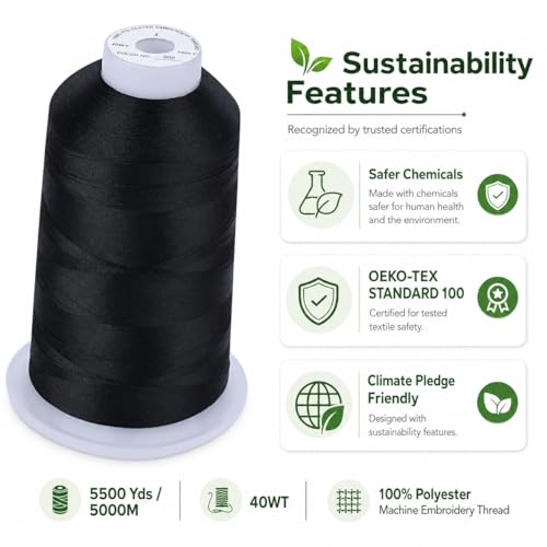 Simthread Embroidery Machine Thread 5000M 40WT Polyester, Black 900 - color: Black