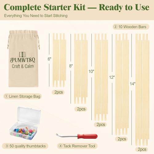 PUWMTSQ Needlepoint Stretcher Bars Set with Linen Storage Bag — 6” 8” 10” 12” 14” Modular Frame Kit, Mini Embroidery Frame for Cross Stitch & Needlework, Includes Thumb Tacks & Tack Remover