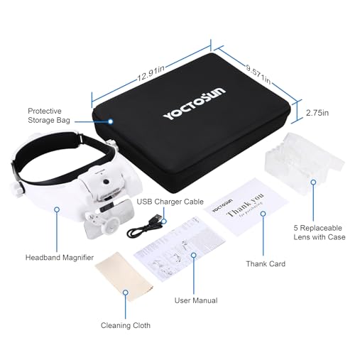 YOCTOSUN Magnifying Glasses with Light 1X-14X, Rechargeable LED Headband Magnifier with 6 Lenses and Storage Case, Hands Free Head Magnifying Visor for Close Work, Sewing, Crafts,Jewelry - style: Headband Magnifier 1X-14X with Storage Case