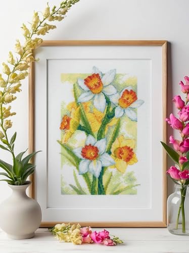 RIOLIS - Spring Glow. Daffodils 2189, Cross Stitch Kits 8¼"x11¾, Cross Stitch Kits for Adults, Counted Cross Stitch Kits, Embroidery Kit for Beginners & Advanced, Floral Crossstitching Kits - style: Spring Glow. Daffodils 2189