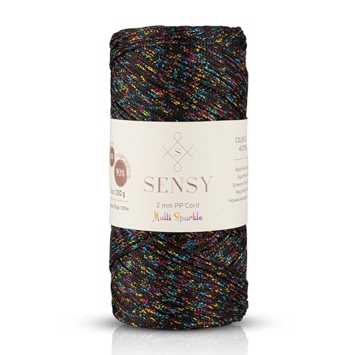 Sensy Premium 2mm 251 Yards Sparkle Polyester Rope 90% Polypropylene 10% Polyester Cord Macrame Cord 2mm Crochet Bag Cord Macrame Rope Crochet Thread for Knitter (Black Multi Sparkle) - color: Black Multi Sparkle, size: 1 Skein
