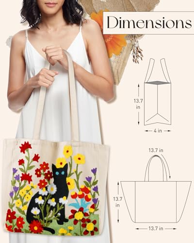 Miss Adola Lightweight Embroidery Canvas Tote Bag - color: Flower Cats