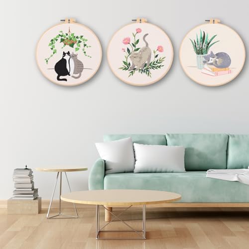 Ohcol 3 Sets Cat Embroidery Kit,Needlepoint Kits for Adults Beginner,Needle Point Sets with Washable Pre-Printed Pattern,1 Hoop,Women Hand Crafts - color: Q-Cat (3 Patterns, 1 Hoop + Extas)