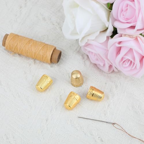 4pcs Metal Sewing Thimbles for Finger, Metal Fingertip Protectors Copper Thumb Finger Shield Rings Thimbles Pads Guard Cover for Hand Embroidery Quilting Accessories Knitting DIY Tools (Gold) - color: Gold