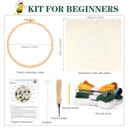 KESTAR Punch Needle Embroidery Starter Kits, Bee and Daisy Flower Punch Needle Kits for Adults Beginner, Needle Punch Kit Tool with Instruction Threader Fabric Yarns and Hoop - color: Yellow Bee