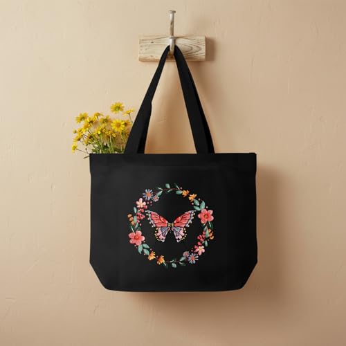 ERKOON Embroidery Canvas Tote Bag for Beginners, Floral Arts Crafts Cross Stitch Kits for Adults Including Stamped Embroidery Bag with Hoops, Needle, Instruction and Color Threads (Butterfly) - color: Butterfly