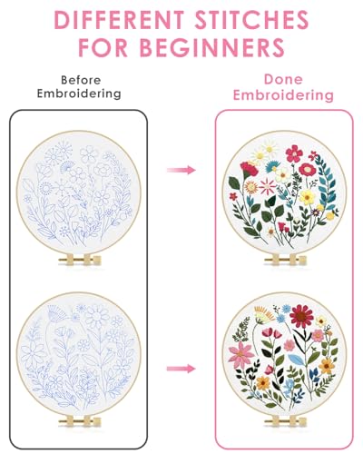 TINDTOP Embroidery Kit for Adult, Owl Embroidery Kit for Beginners Include Embroidery Cloth Hoops Threads for Craft Lover Hand Stitch with Embroidery Skill Techniques (Florals) - color: Florals