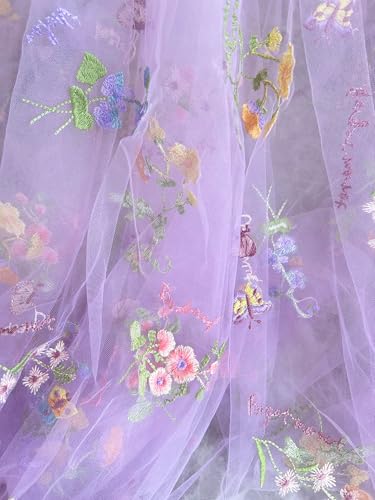 Elegant White Lace Fabric Tulle Fabric by Yard Colorful Floral Embroidery, 35x51in - Soft Tulle for DIY Dresses & Wedding Gowns, Hand Wash Only (Purple, 10 Yards (350 x 51 in)) - color: Purple, size: 10 yards (350 x 51 in)